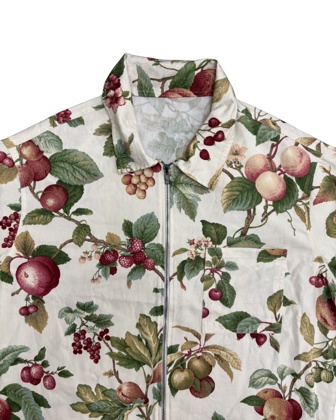 Vintage Fruit Print Zip-Up Short Sleeve Jacket Shirt -L