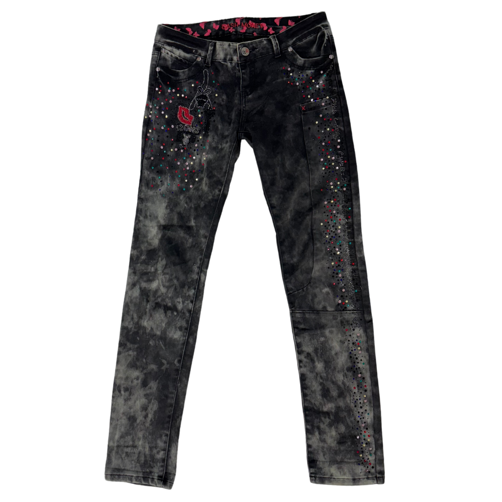 Cash Money Black Acid Wash Jeans – Rhinestone Torch & Butterfly Detail - M | Waist: 30