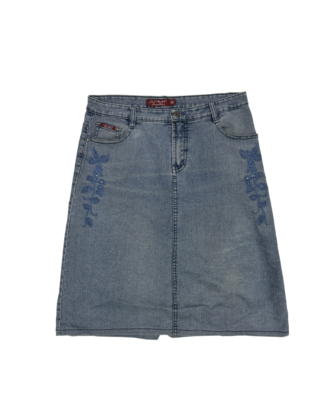 Suter Lusy & Elisa Light Wash Embroidered Denim Midi Skirt - XL | Waist: 34"