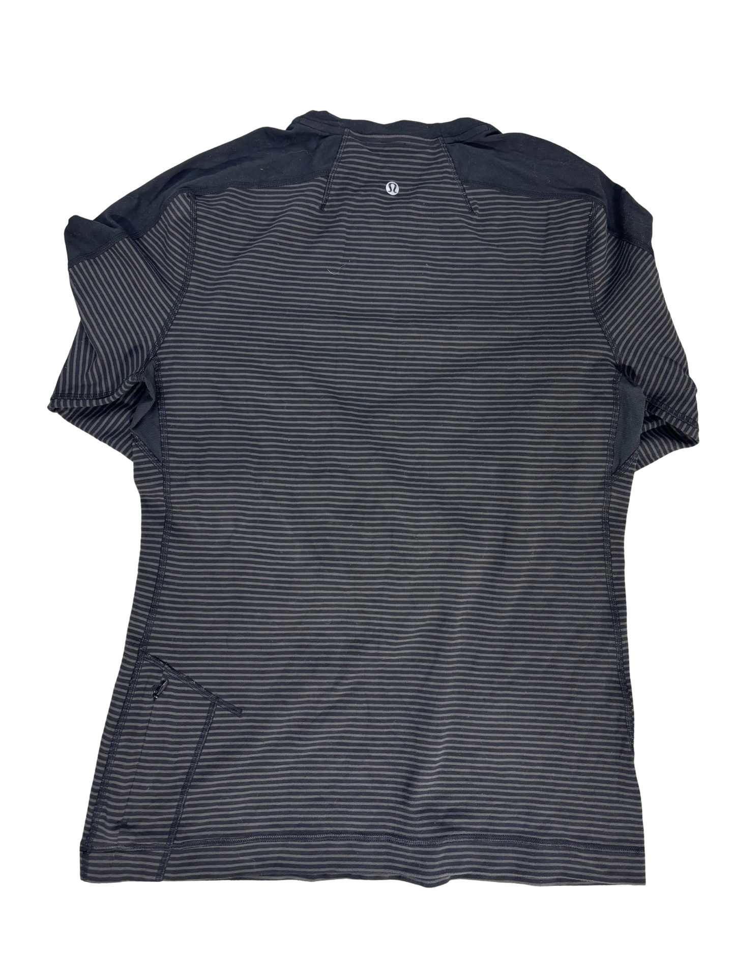 Lululemon Black & Grey Striped Long Sleeve Run Top with Side Zip Pocket - M