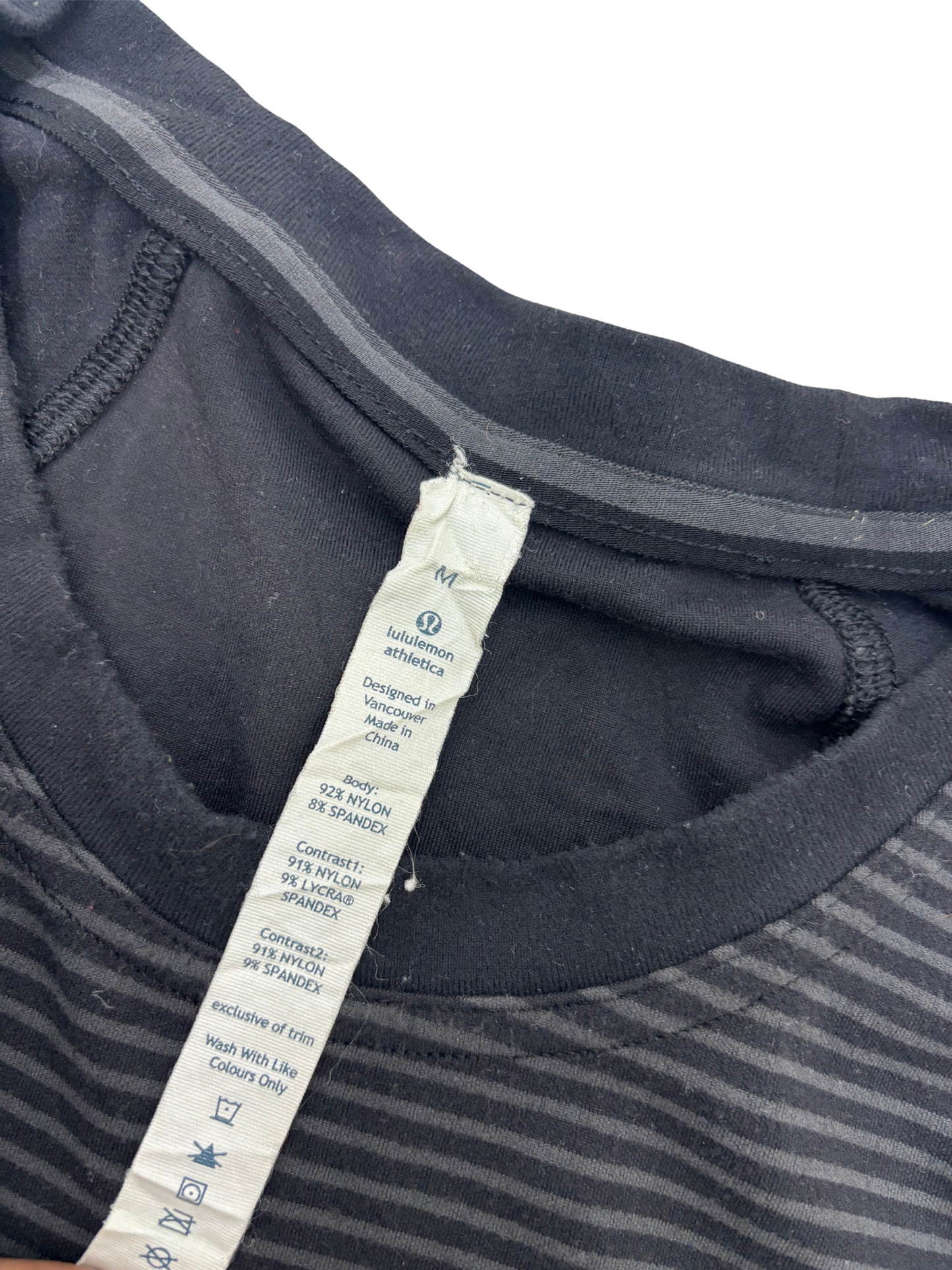 Lululemon Black & Grey Striped Long Sleeve Run Top with Side Zip Pocket - M