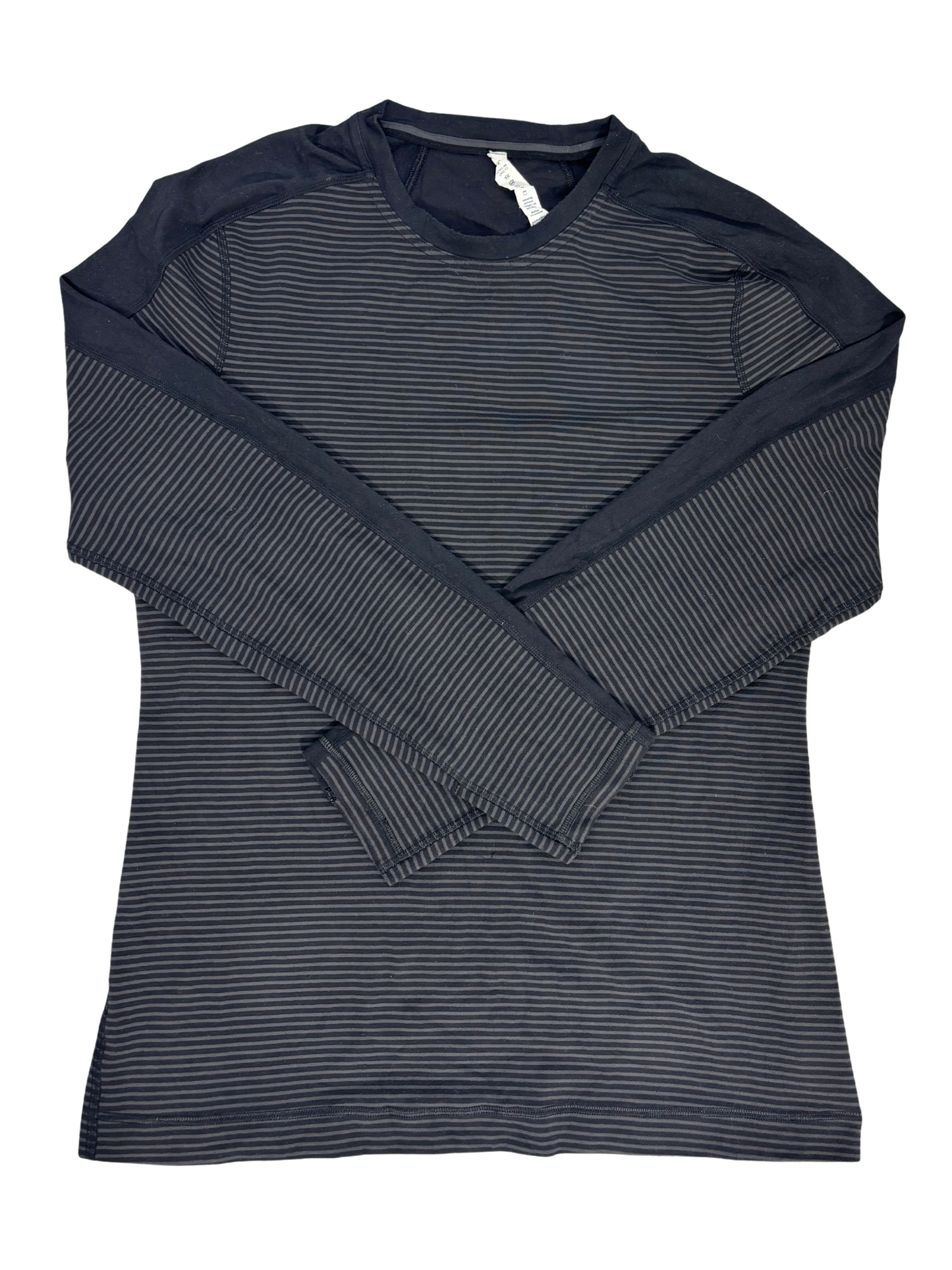Lululemon Black & Grey Striped Long Sleeve Run Top with Side Zip Pocket - M