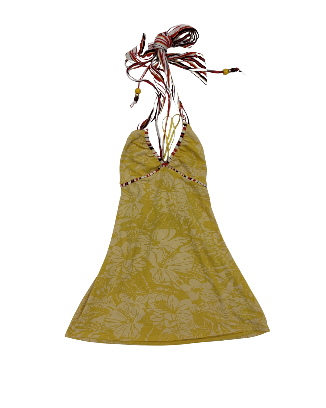 Floral with Striped Tie Straps Yellow Halter Top - XXS
