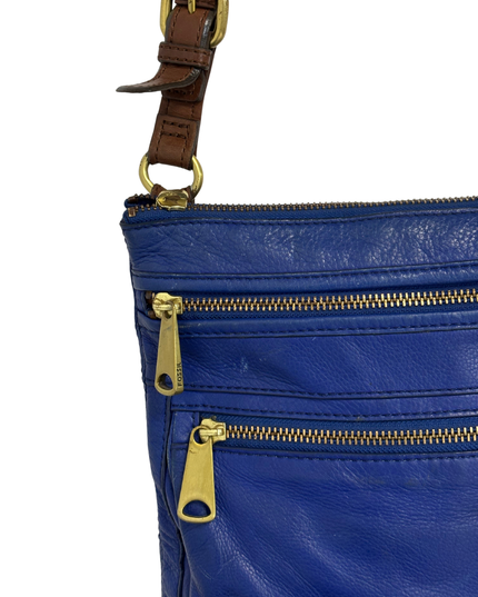 Fossil Cobalt Blue Pebbled Leather Multi-Zip Crossbody Bag