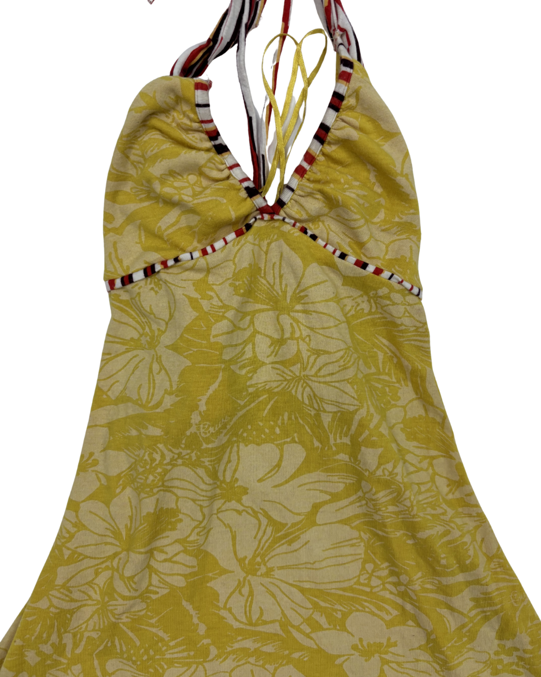Floral with Striped Tie Straps Yellow Halter Top - XXS