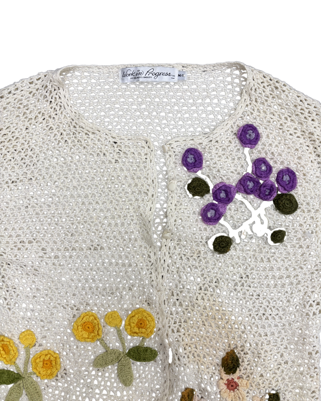 Work in Progress Ivory Crochet Floral Embroidered Button-Up Cardigan - M
