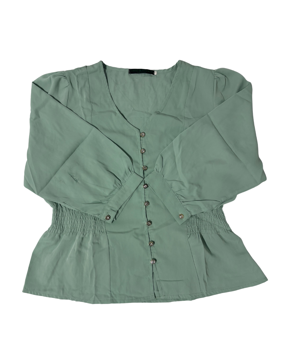 Waad X Fashion Sage Green Button-Up Peplum Blouse - M