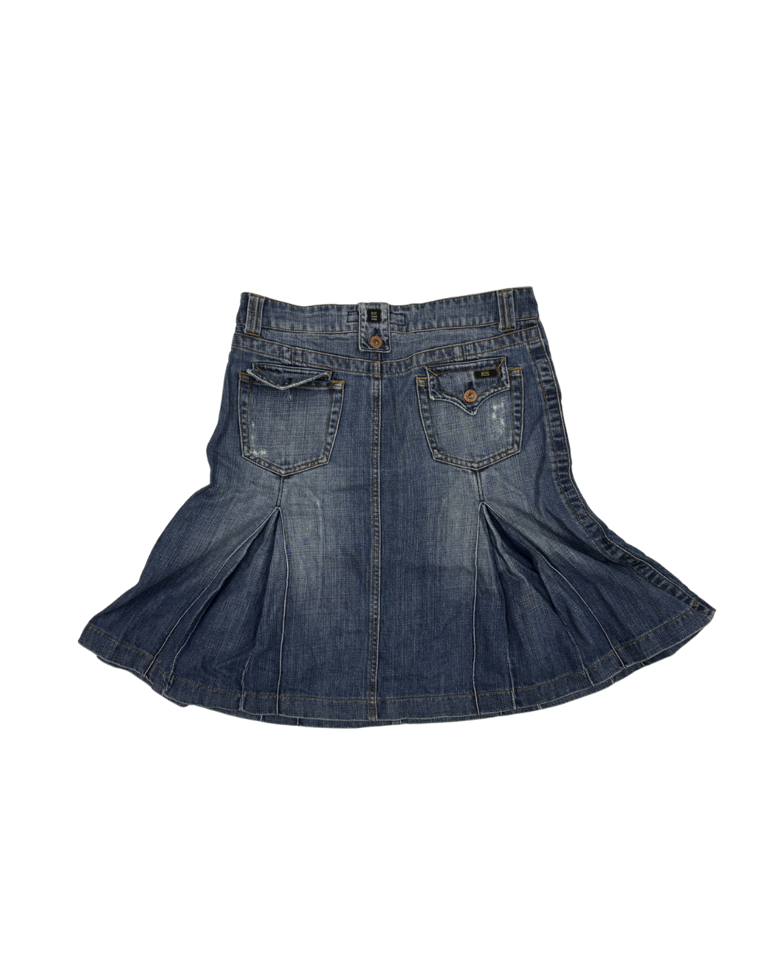 BUS Urban Wear Dark Wash Pleated Flare Denim Skirt - L | Waist: 30"