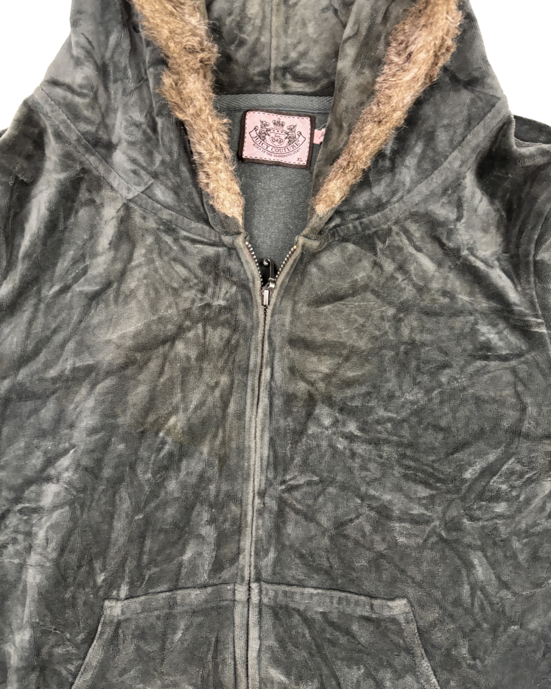 Juicy Couture Dark Olive Velour Faux Fur Trim Zip-Up Hoodie - M