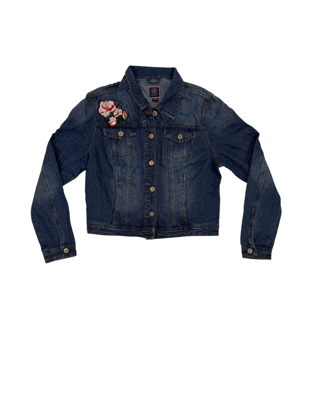 Boom Boom Jeans Rose Appliqué Embroidered Blue Denim Jacket - M