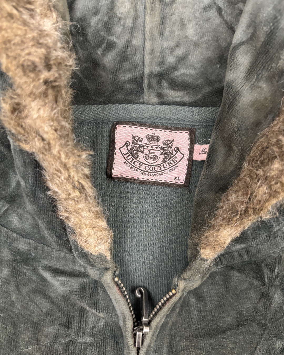 Juicy Couture Dark Olive Velour Faux Fur Trim Zip-Up Hoodie - M