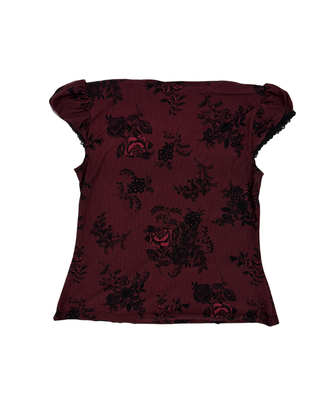 Digit@1 Clothing Floral Mesh Lace Burgundy & Black Trim Top - S