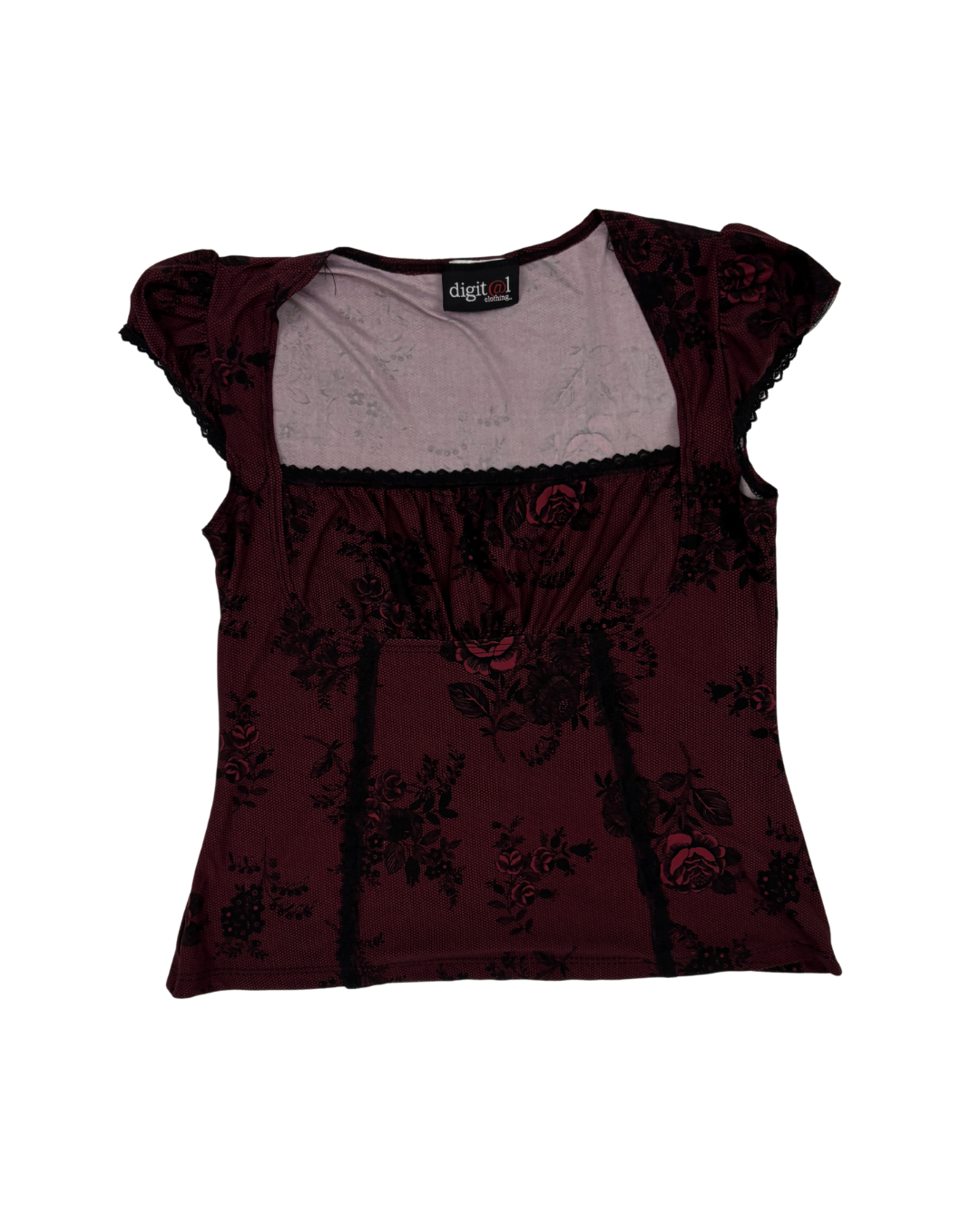 Digit@1 Clothing Floral Mesh Lace Burgundy & Black Trim Top - S