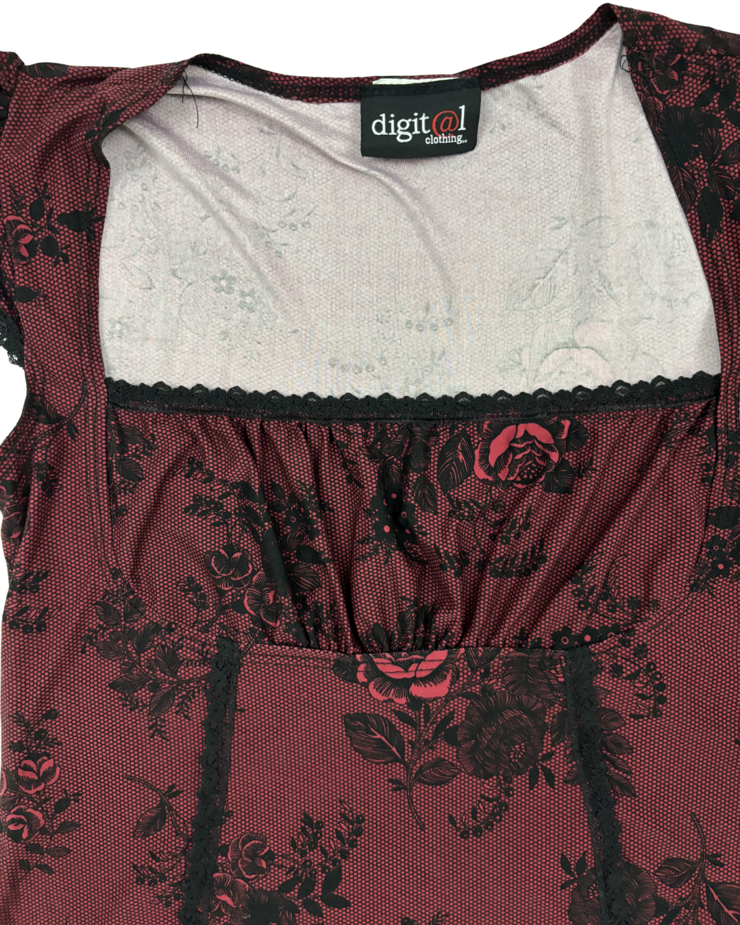 Digit@1 Clothing Floral Mesh Lace Burgundy & Black Trim Top - S