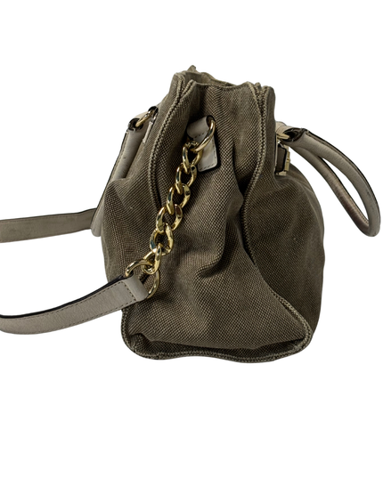 Michael Kors Khaki Canvas & Beige Leather Trim Structured Satchel Bag