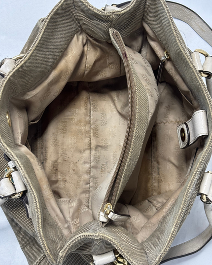 Michael Kors Khaki Canvas & Beige Leather Trim Structured Satchel Bag