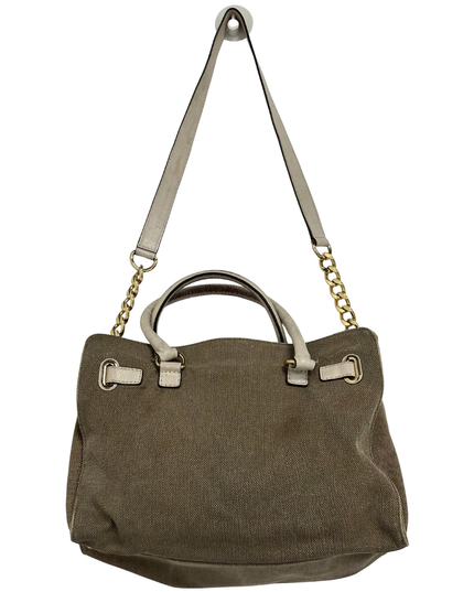 Michael Kors Khaki Canvas & Beige Leather Trim Structured Satchel Bag