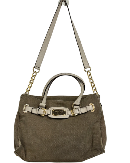 Michael Kors Khaki Canvas & Beige Leather Trim Structured Satchel Bag