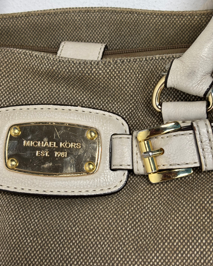 Michael Kors Khaki Canvas & Beige Leather Trim Structured Satchel Bag
