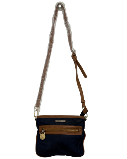 Michael Kors Navy Tan Saffiano Trim & Gold MK Padlock Crossbody Bag