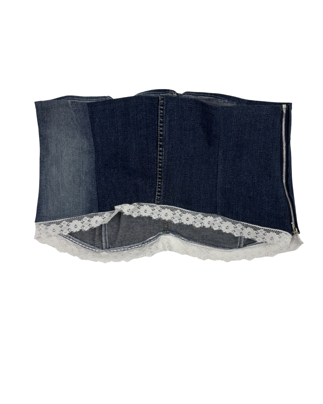 Vintage Y2K Patchwork Denim Bustier with Lace Trim Tube Top - S