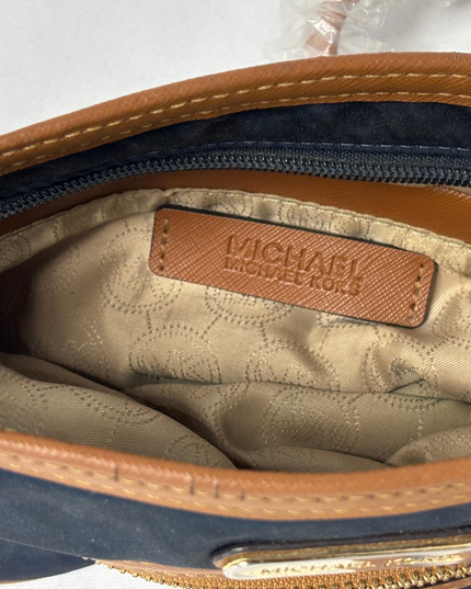 Michael Kors Navy Tan Saffiano Trim & Gold MK Padlock Crossbody Bag