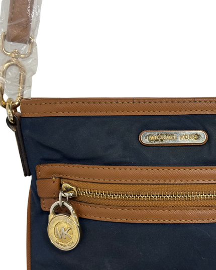 Michael Kors Navy Tan Saffiano Trim & Gold MK Padlock Crossbody Bag