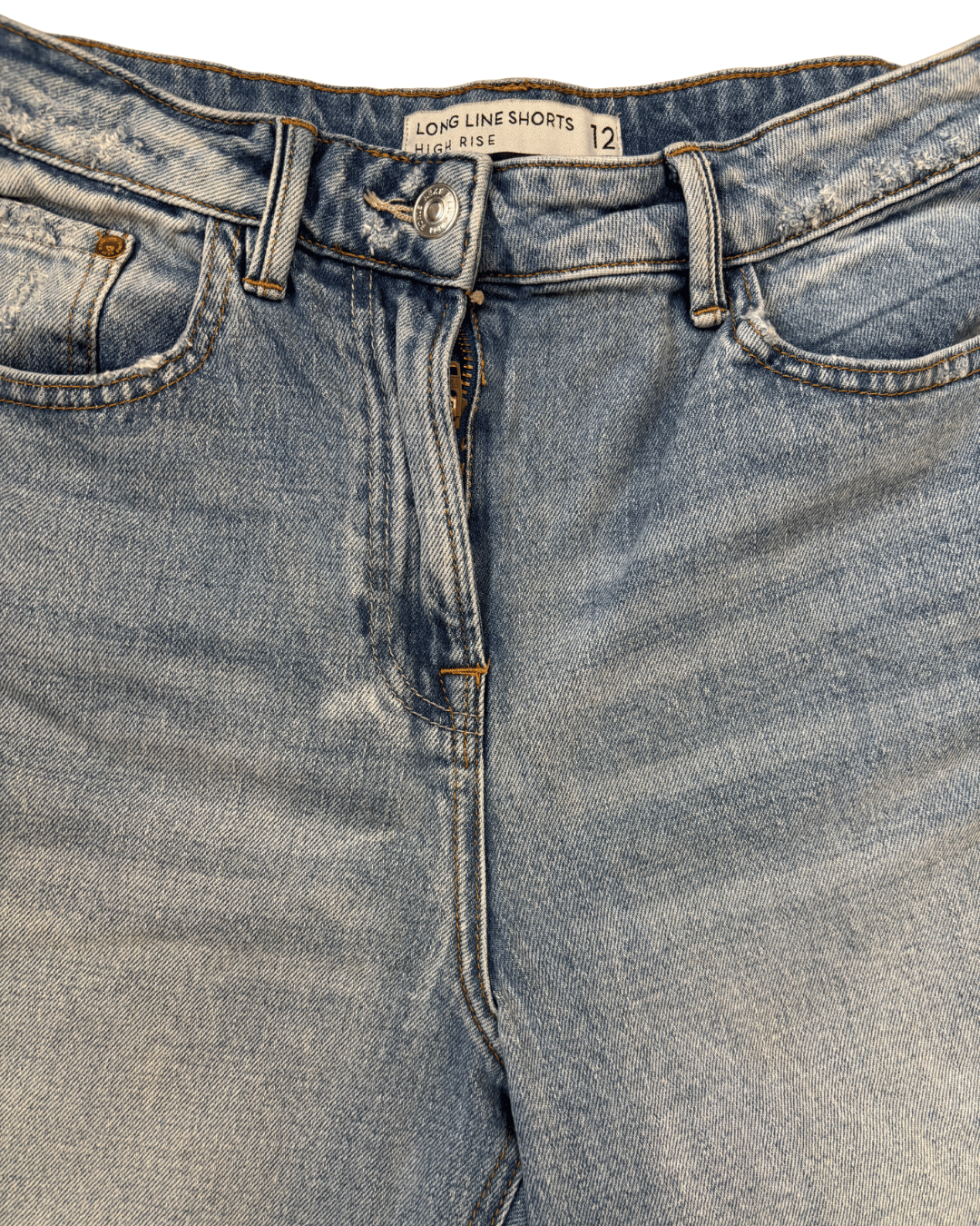 High Rise Longline Distressed Denim Shorts - S