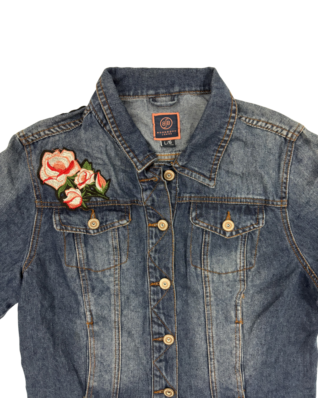 Boom Boom Jeans Rose Appliqué Embroidered Blue Denim Jacket - M