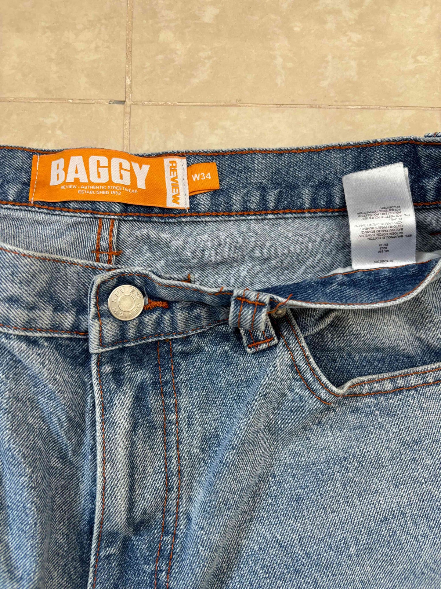 Review Baggy Denim Printed Blue Jeans - L | Waist: 34"