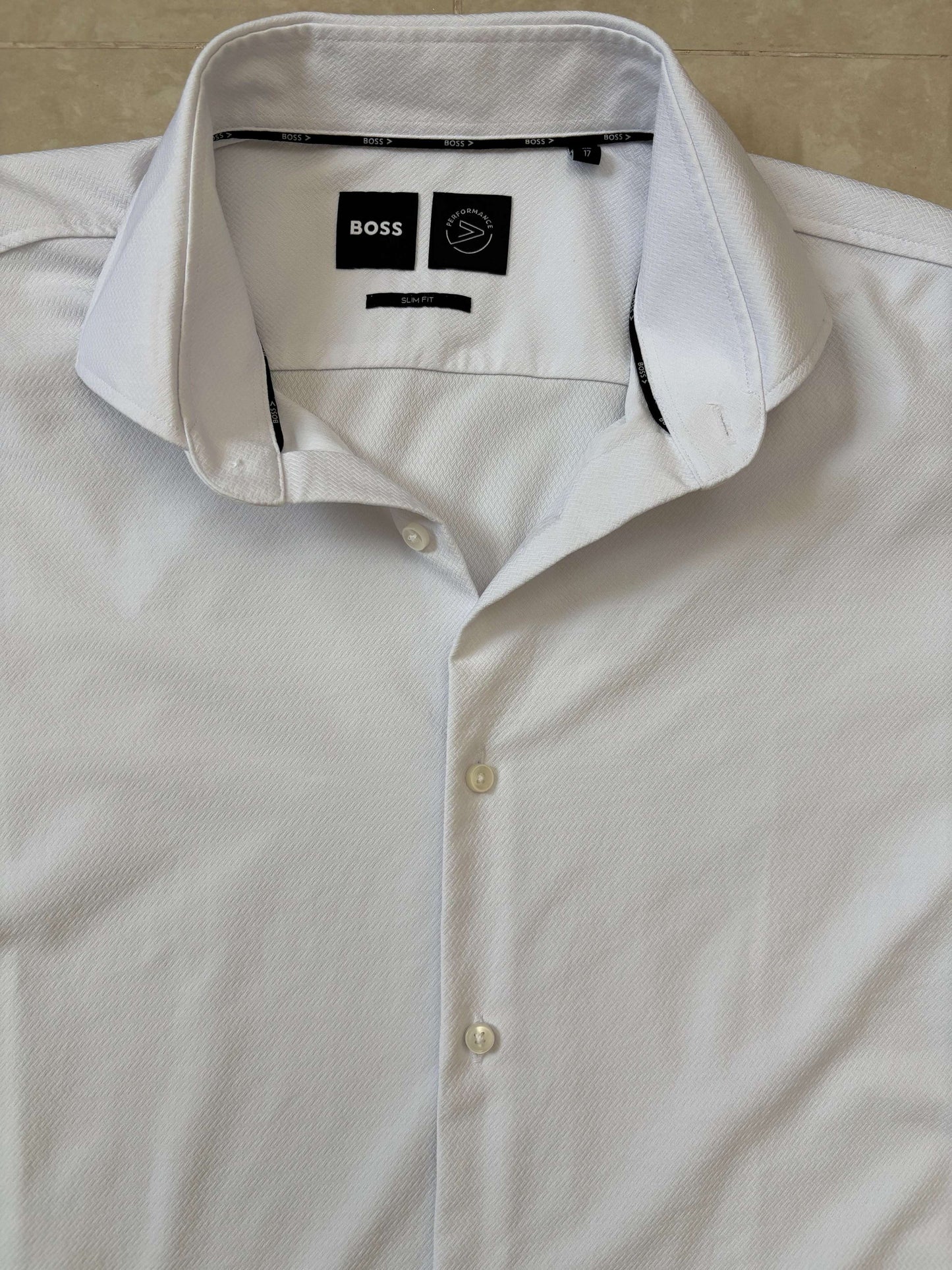 BOSS Slim Fit White Textured Performance Dress Shirt - M