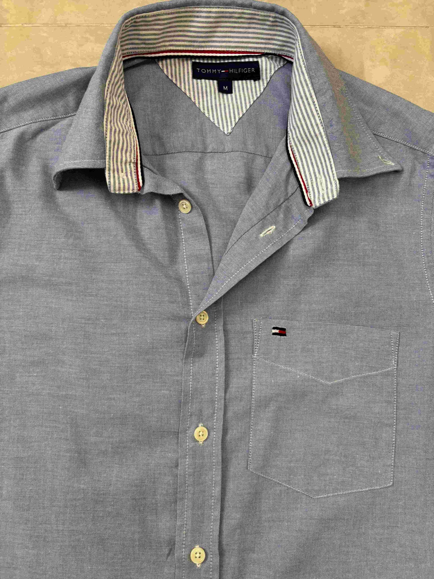 Tommy Hilfiger Chambray Gray Shirt with Striped Inner Collar - M