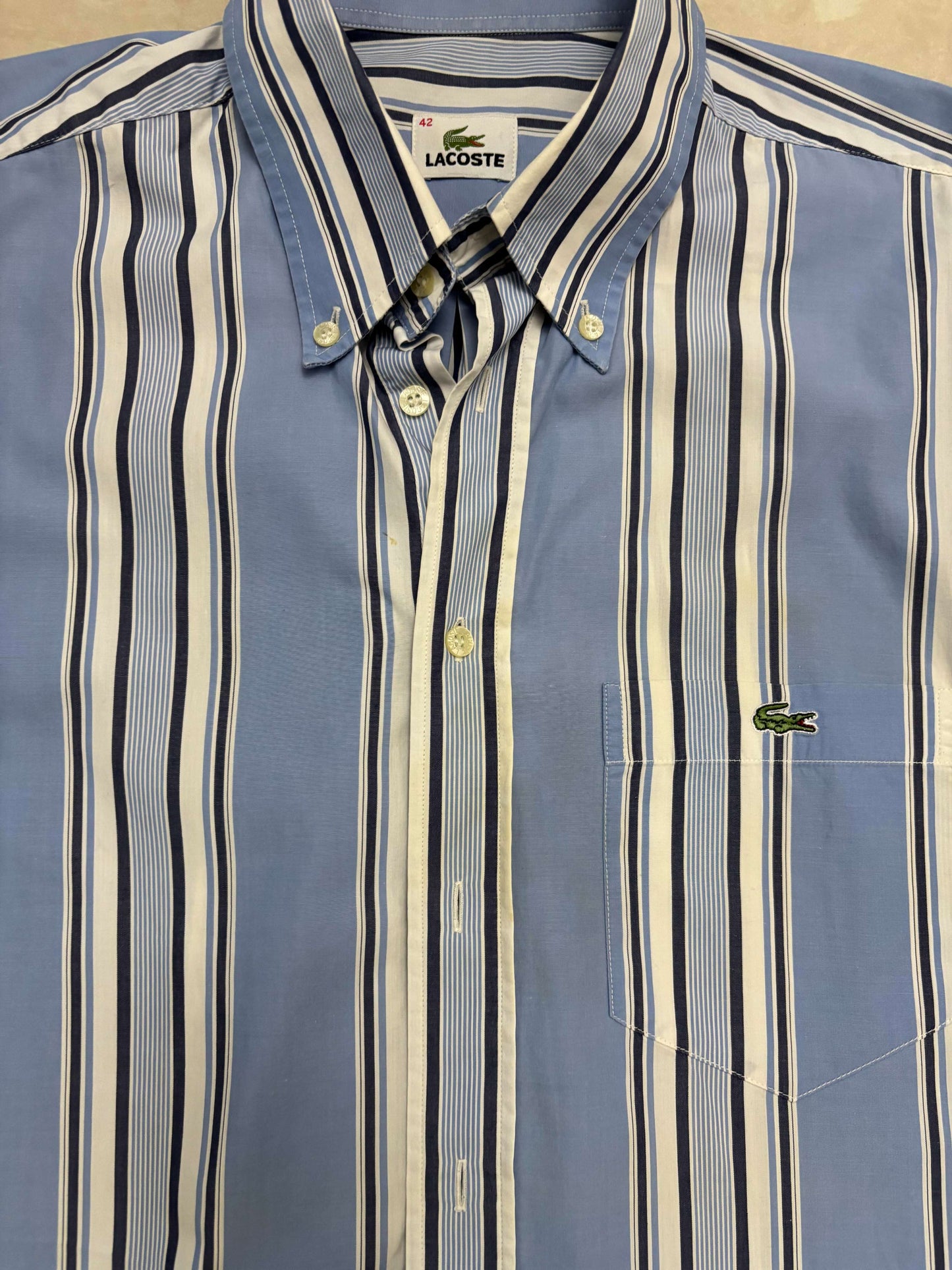 Lacoste Classic Fit Sky Blue & Navy Stripe Button-Down Shirt - XL