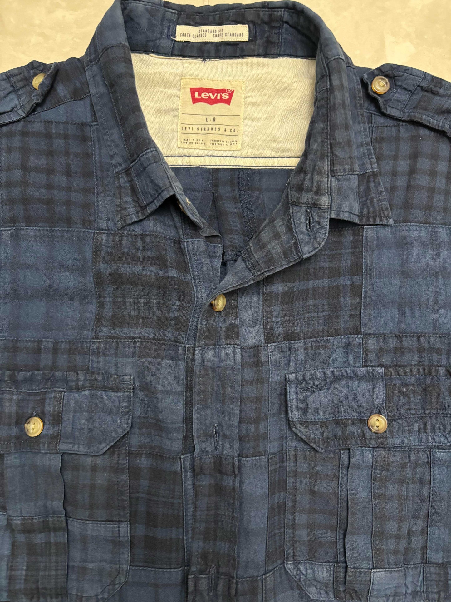 Levi's Standard Fit Patchwork Plaid Utility Navy Blue Shirt - L