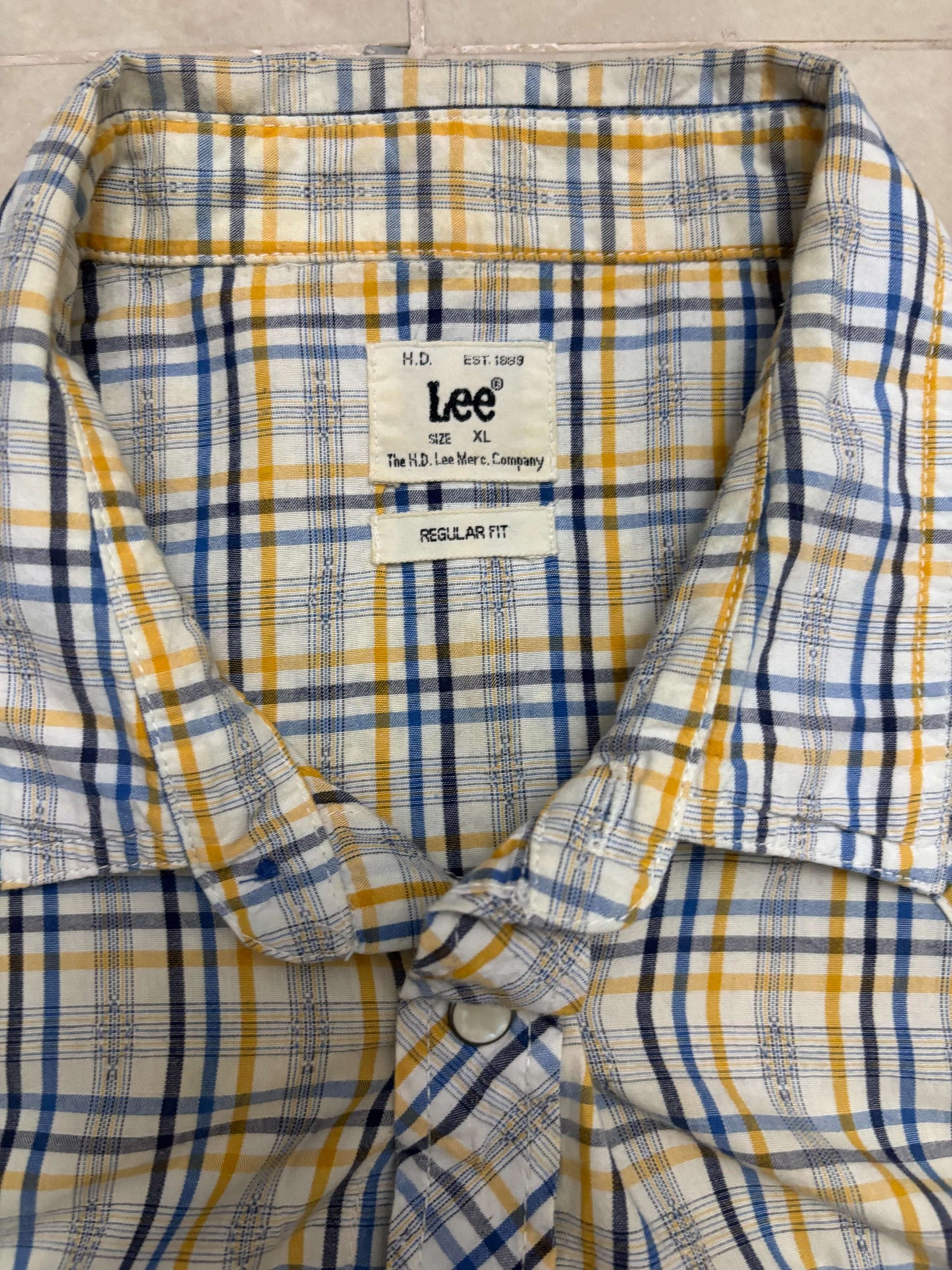 Lee Regular Fit Western Yellow & Blue Plaid Snap Button Shirt - L