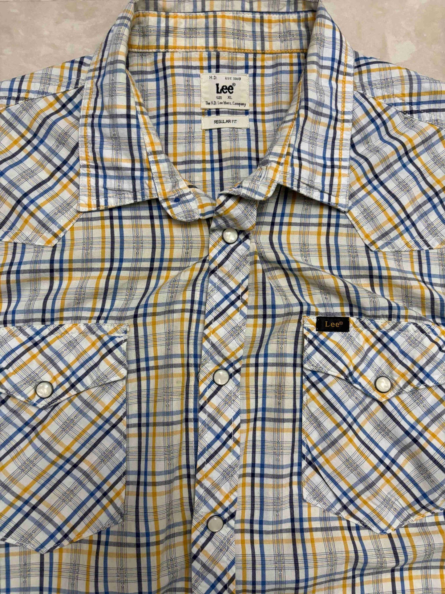Lee Regular Fit Western Yellow & Blue Plaid Snap Button Shirt - L