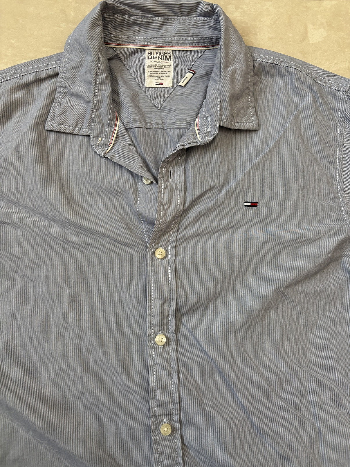 Tommy Hilfiger Micro-Striped Button-Down Denim Blue Shirt - XS