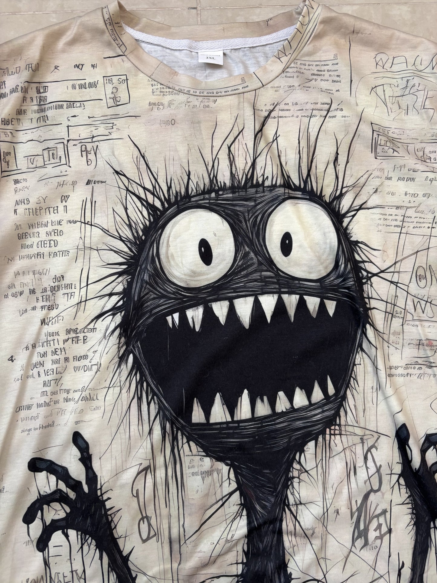 Urban Monster with Scribbled Print Beige Graphic T-Shirt - XL