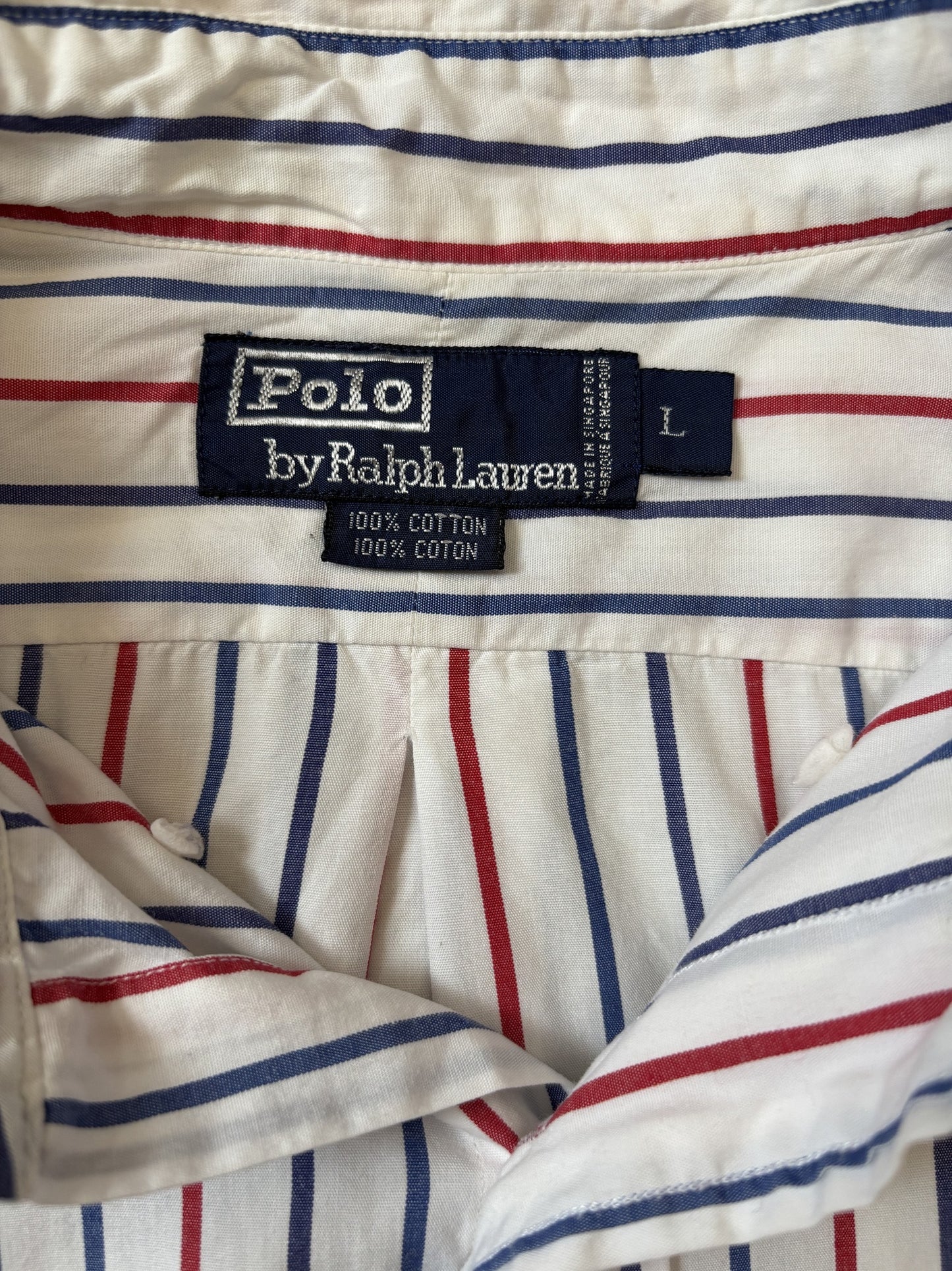 Ralph Lauren Red & Navy Blue Vertical Striped White Polo Shirt - L