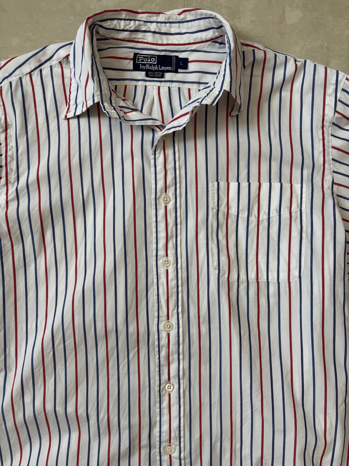 Ralph Lauren Red & Navy Blue Vertical Striped White Polo Shirt - L