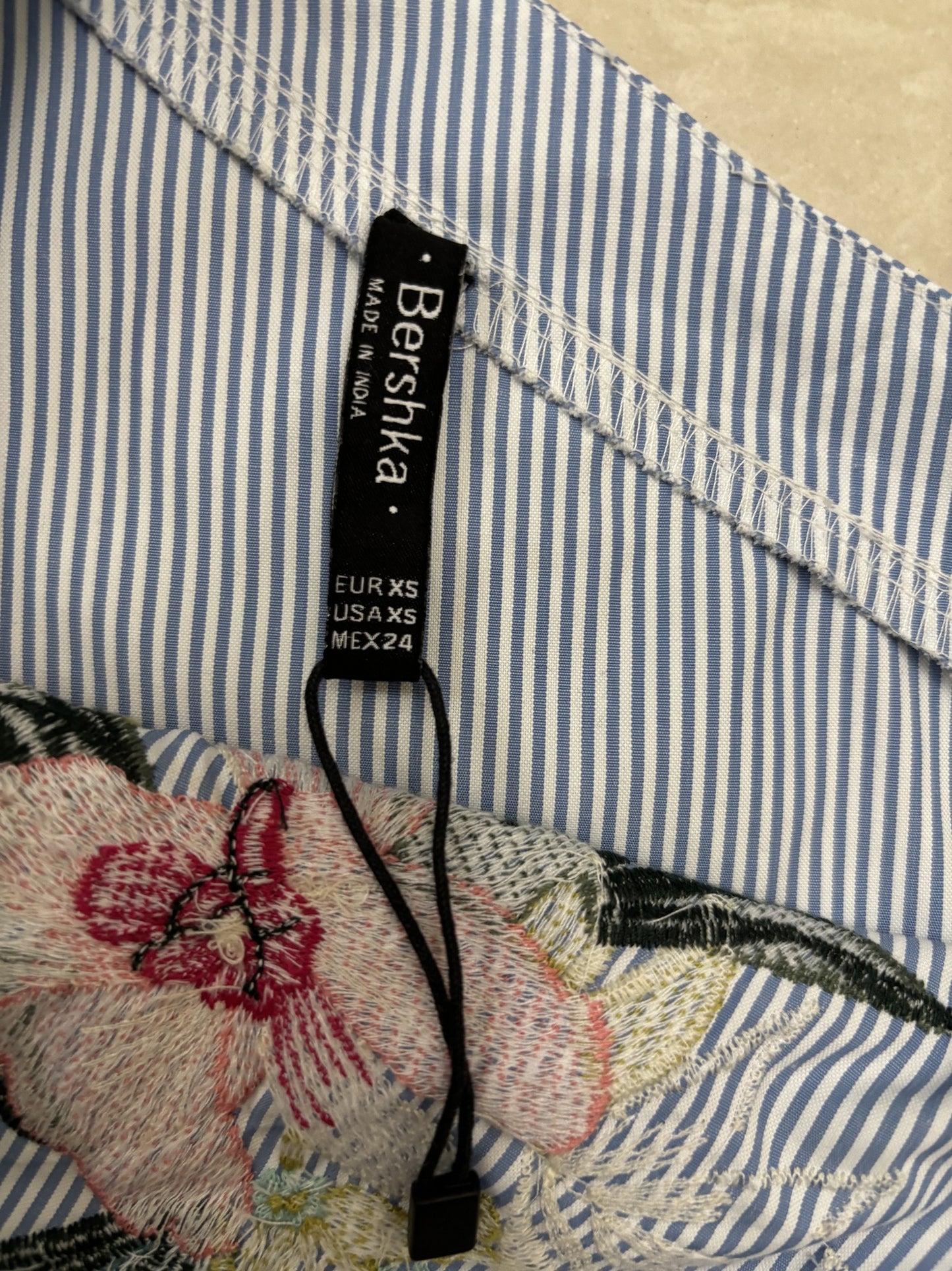 Bershka Striped Floral Embroidered Asymmetrical Blue Top - L