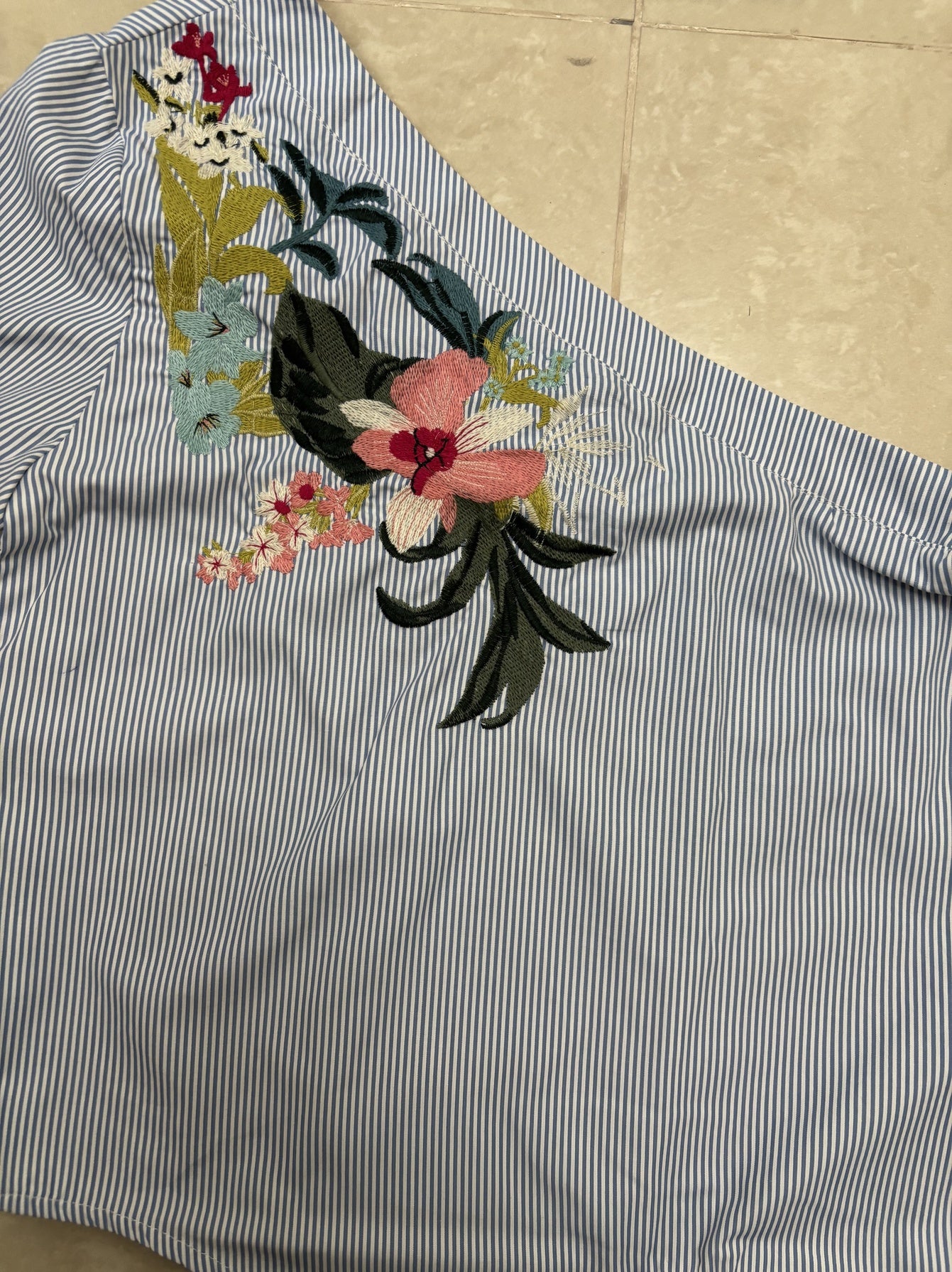 Bershka Striped Floral Embroidered Asymmetrical Blue Top - L