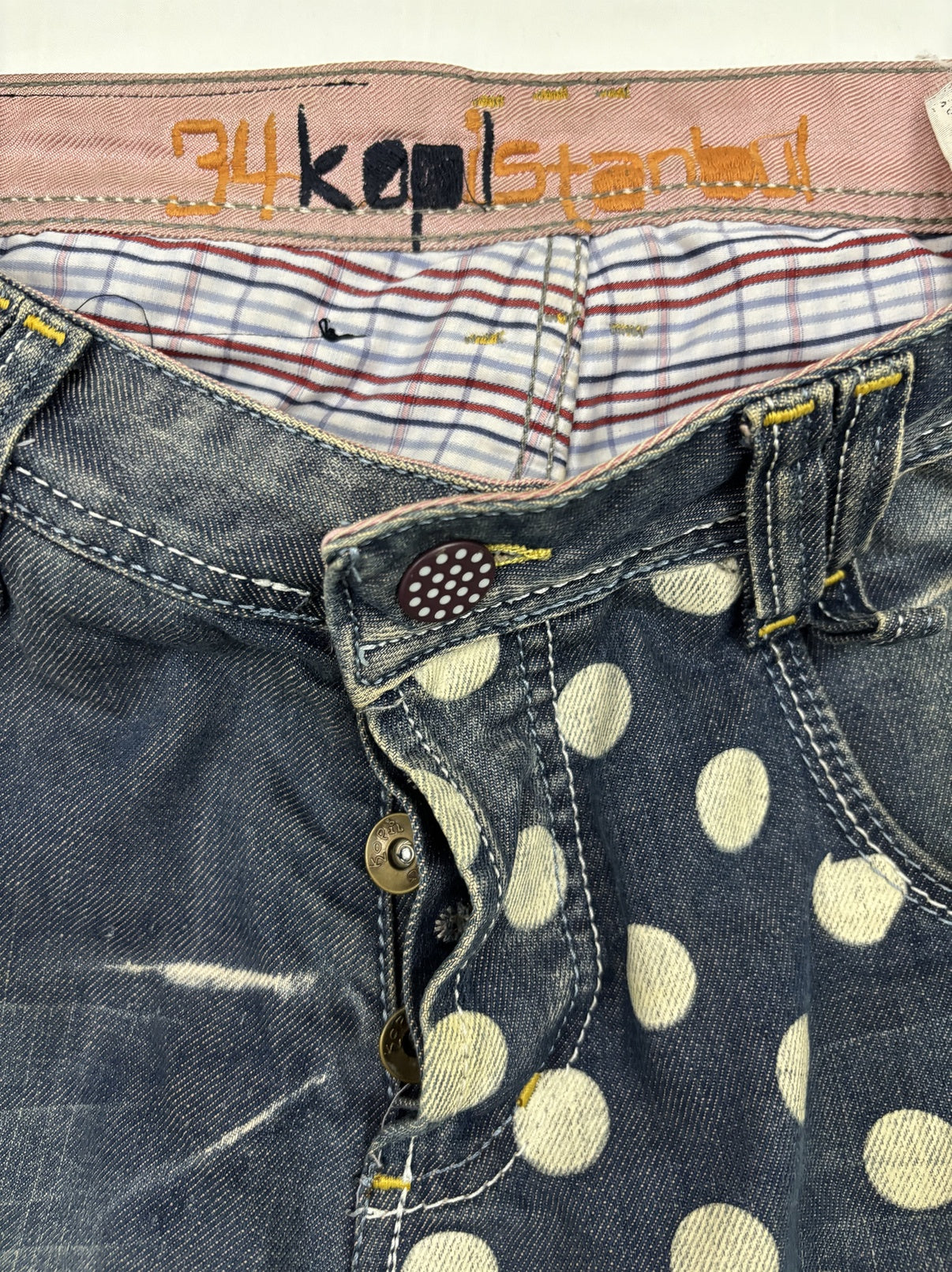 Kopl Istanbul Distressed Polka Dot Denim Shorts - L | Waist: 34"