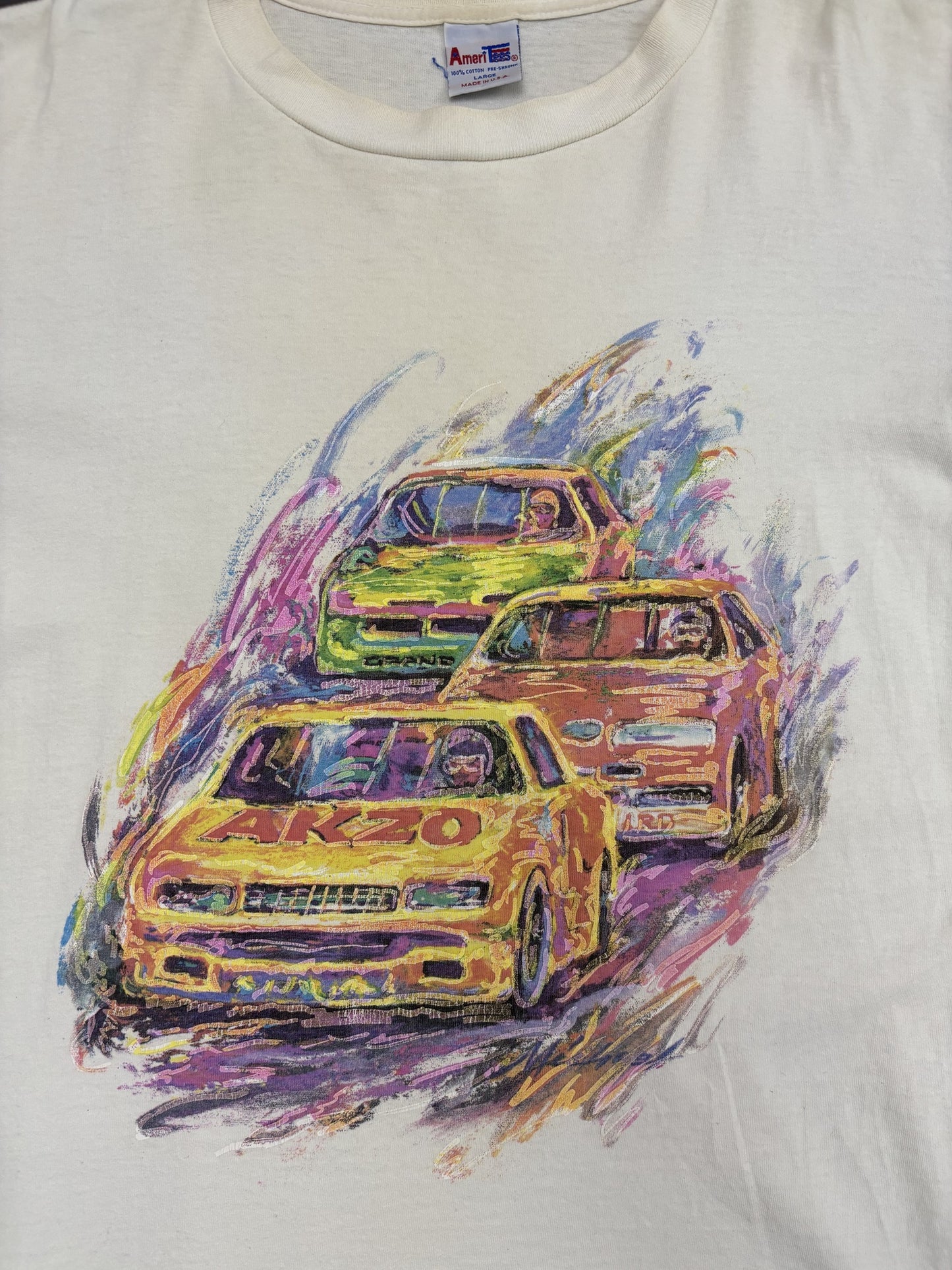 Ameri Tees Racing Akzo Graphic Yellow Cars White T-Shirt - M