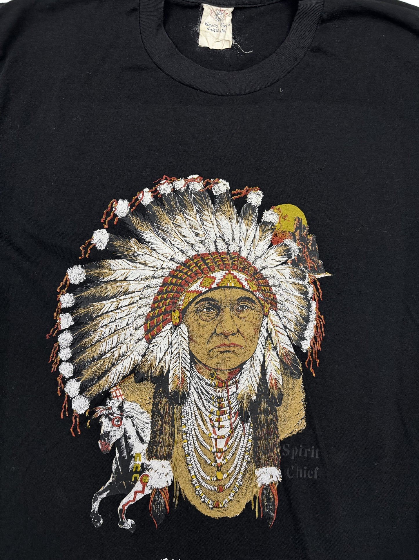 Quality Goods Vintage Spirit Chief Native American Graphic Black T-Shirt - M