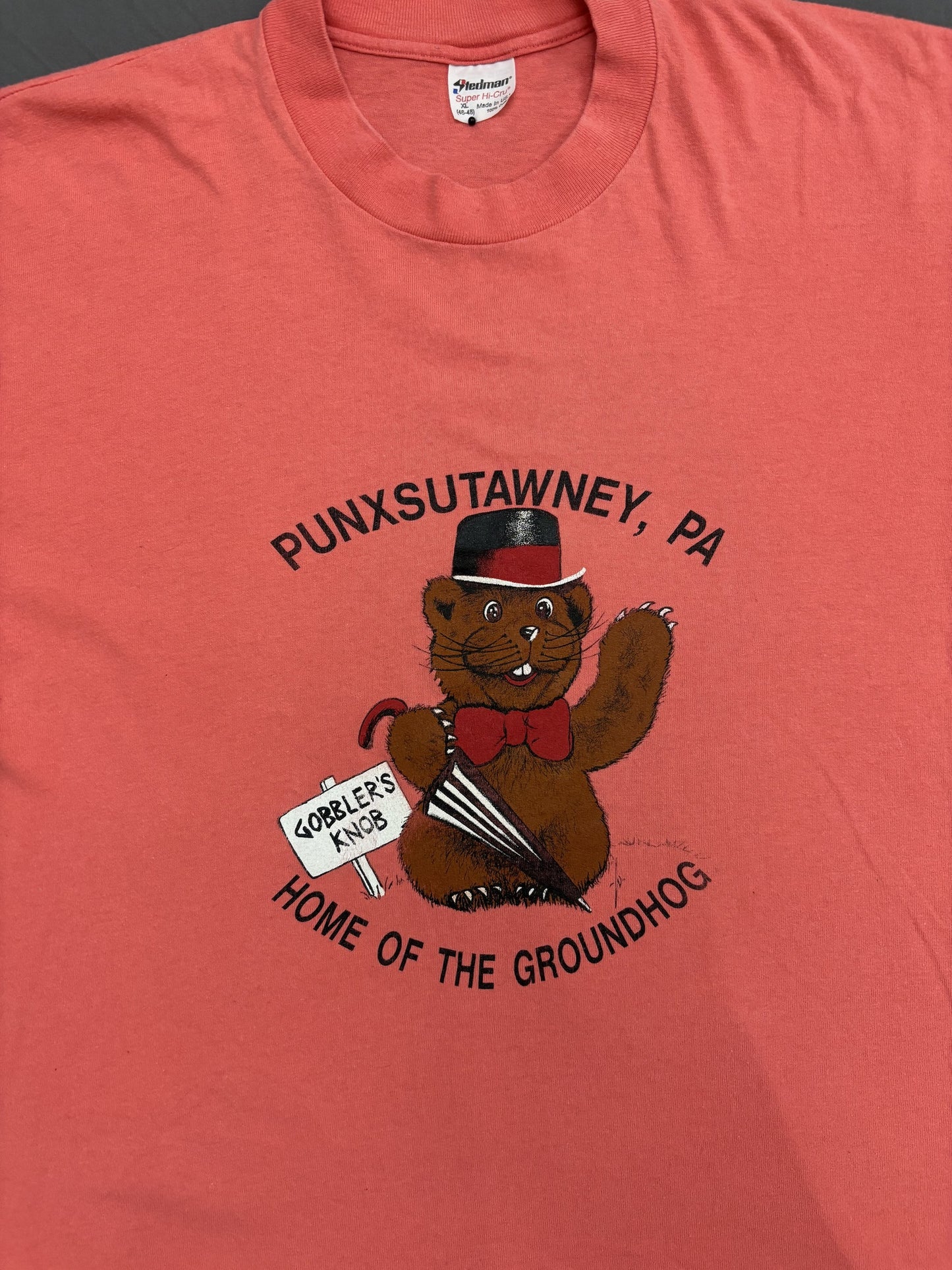 Vintage Made in USA Stedman Punxsutawney Groundhog Day Coral Red T-Shirt - L