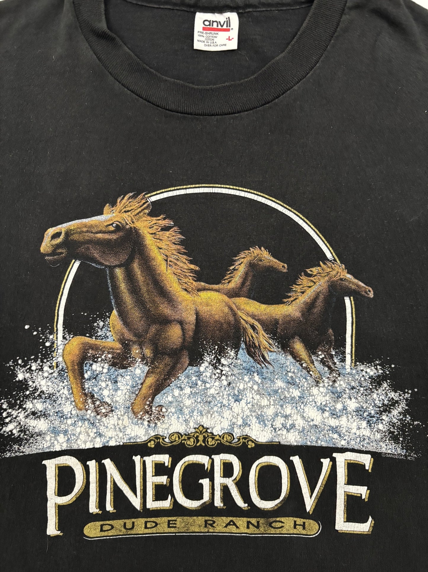Vintage Anvil Made in USA Pinegrove Dude Ranch Wild Horse Graphic Black T-Shirt - L