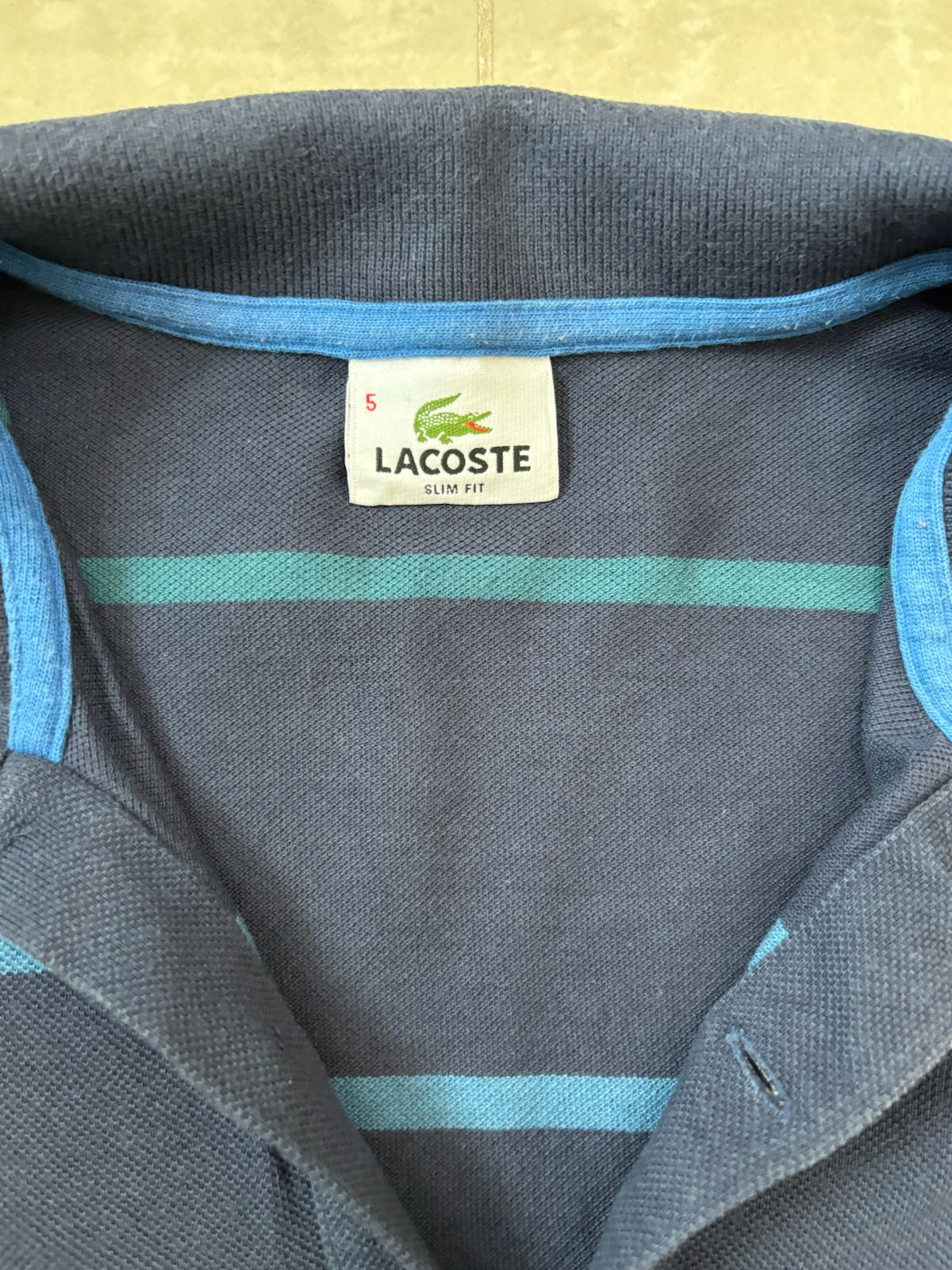 Lacoste Striped Long Sleeve Navy & Teal Polo Shirt - M