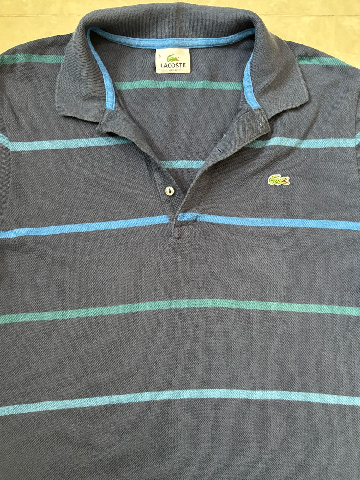 Lacoste Striped Long Sleeve Navy & Teal Polo Shirt - M