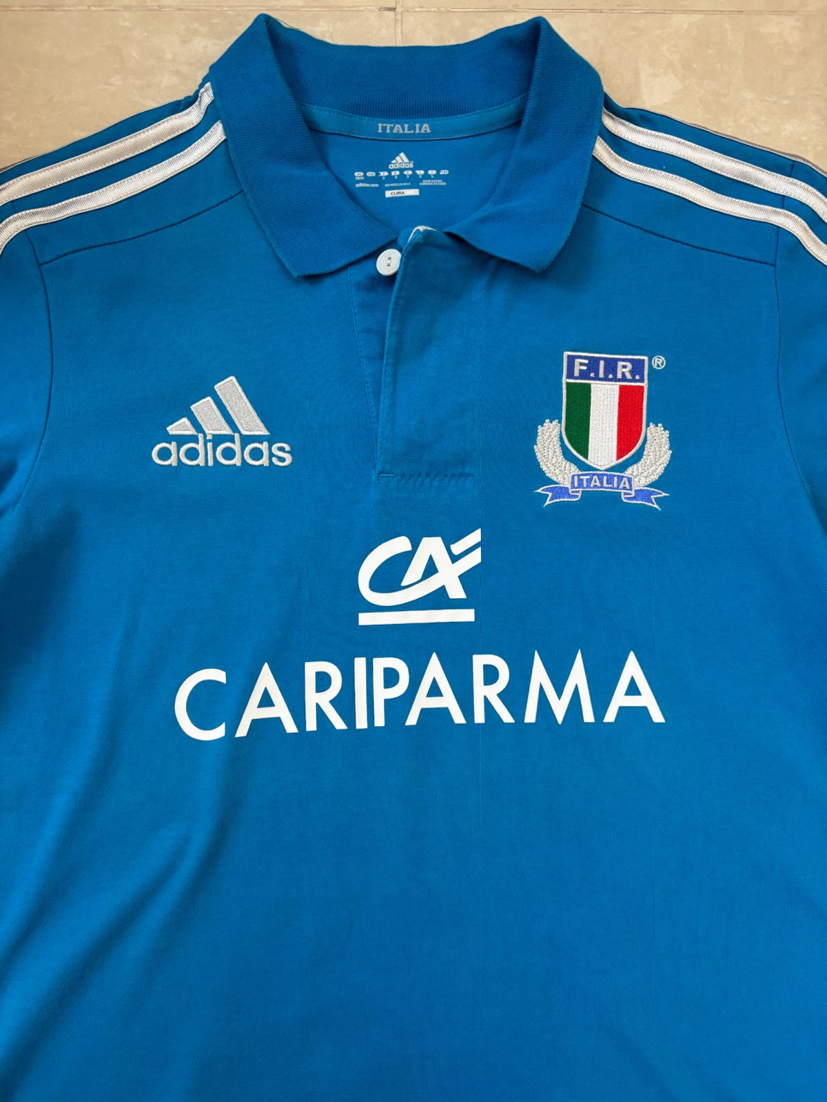 Adidas Italy Rugby Team with FIR & Cariparma Blue Polo Shirt - S